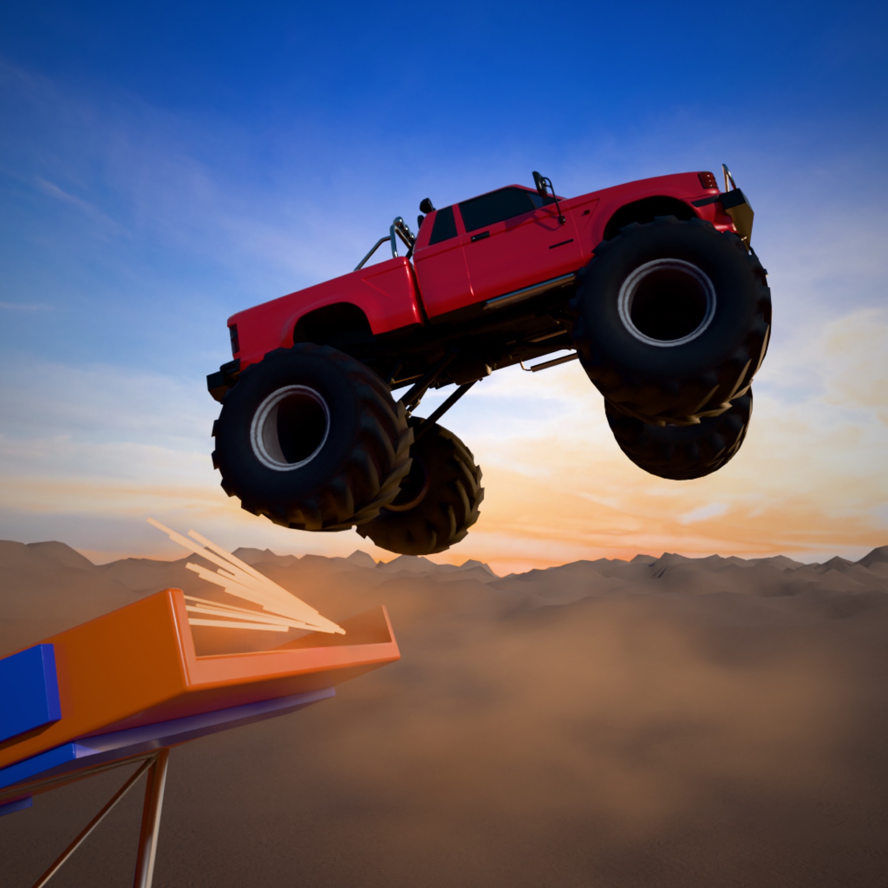 A red Trux monster truck jumps from an orange track above the canyon.